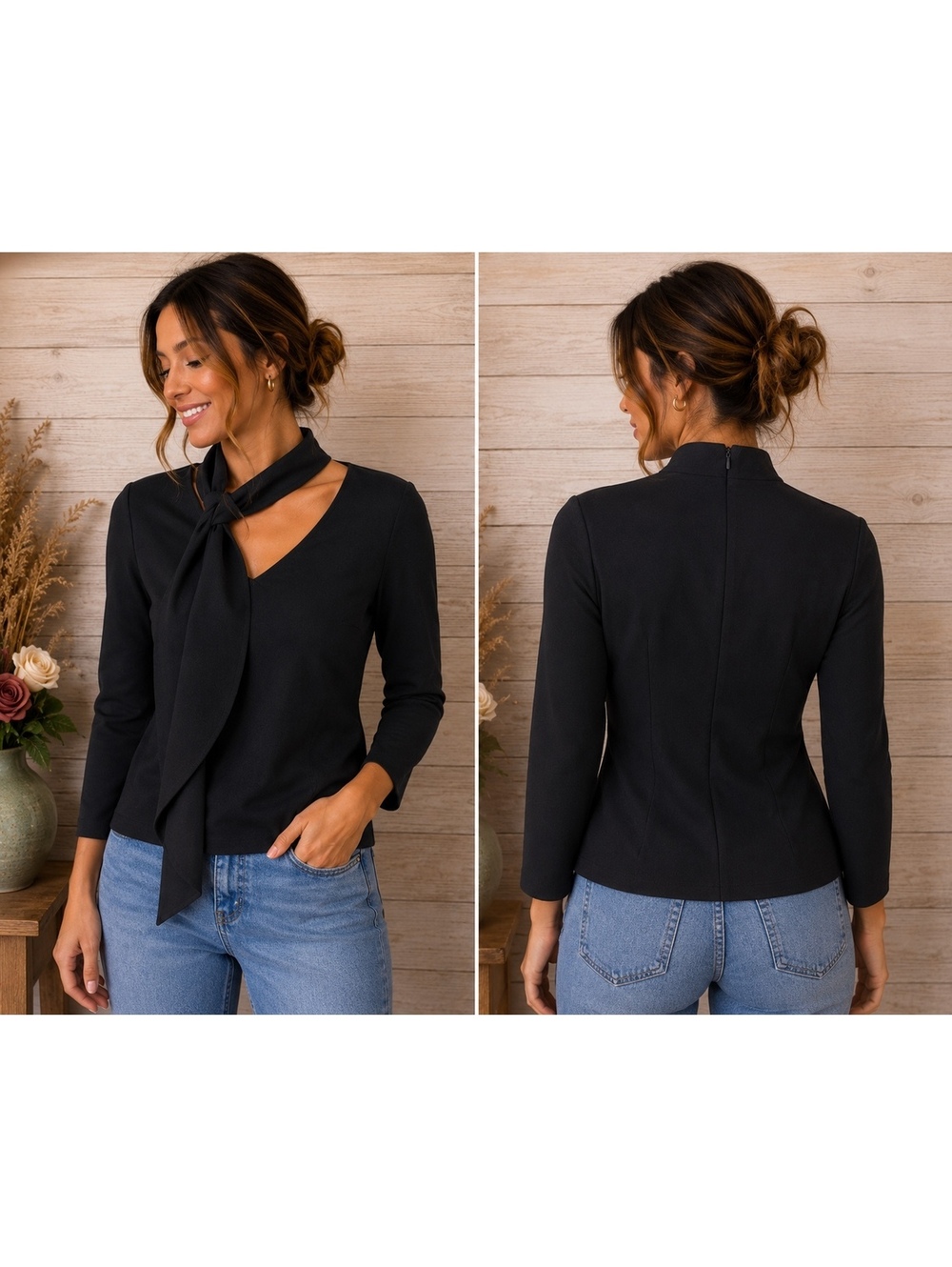 Intermix Black Long Sleeve Top with Neck Tie Detail Size 2